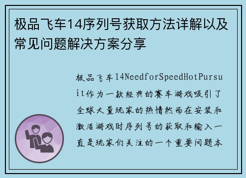 极品飞车14序列号获取方法详解以及常见问题解决方案分享