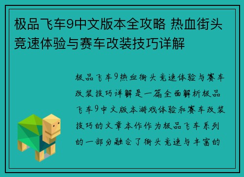 极品飞车9中文版本全攻略 热血街头竞速体验与赛车改装技巧详解