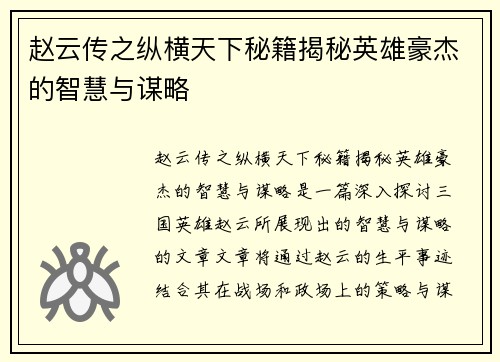 赵云传之纵横天下秘籍揭秘英雄豪杰的智慧与谋略