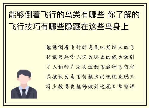 能够倒着飞行的鸟类有哪些 你了解的飞行技巧有哪些隐藏在这些鸟身上